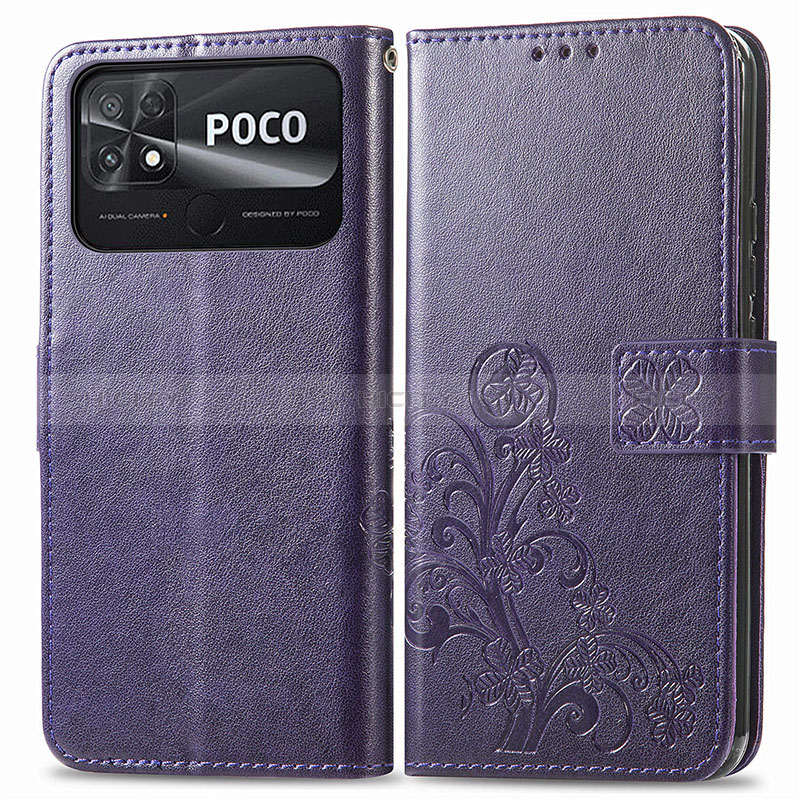 Funda de Cuero Cartera con Soporte Flores Carcasa para Xiaomi Poco C40 Morado