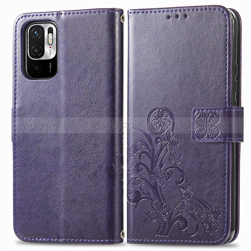 Funda de Cuero Cartera con Soporte Flores Carcasa para Xiaomi Redmi Note 10 5G Morado