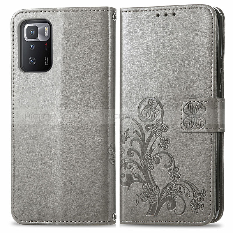 Funda de Cuero Cartera con Soporte Flores Carcasa para Xiaomi Redmi Note 10 Pro 5G Gris