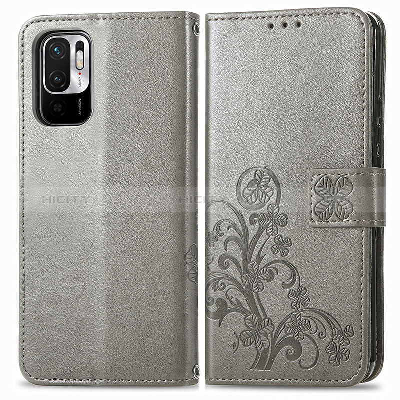 Funda de Cuero Cartera con Soporte Flores Carcasa para Xiaomi Redmi Note 10T 5G Gris