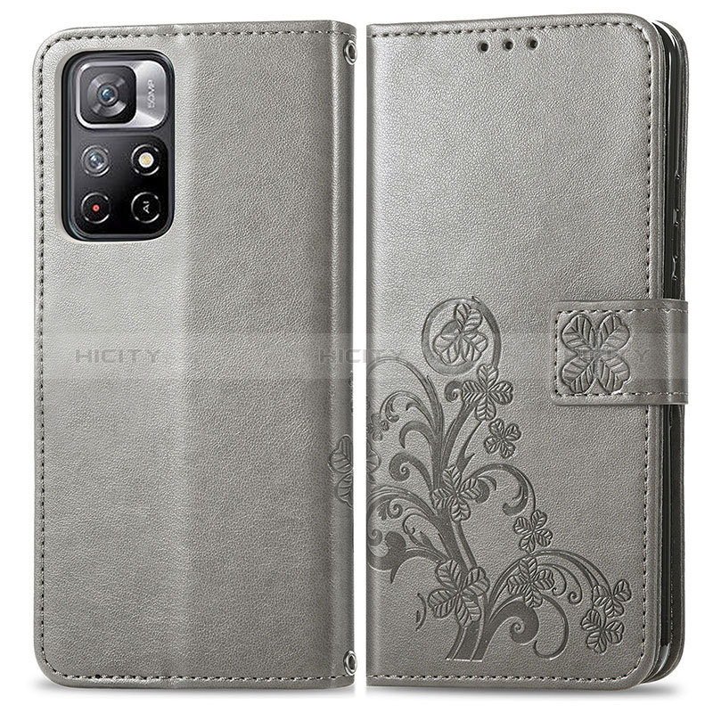 Funda de Cuero Cartera con Soporte Flores Carcasa para Xiaomi Redmi Note 11 5G Gris