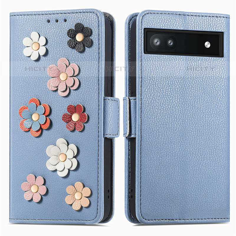 Funda de Cuero Cartera con Soporte Flores Carcasa S02D para Google Pixel 6a 5G Azul