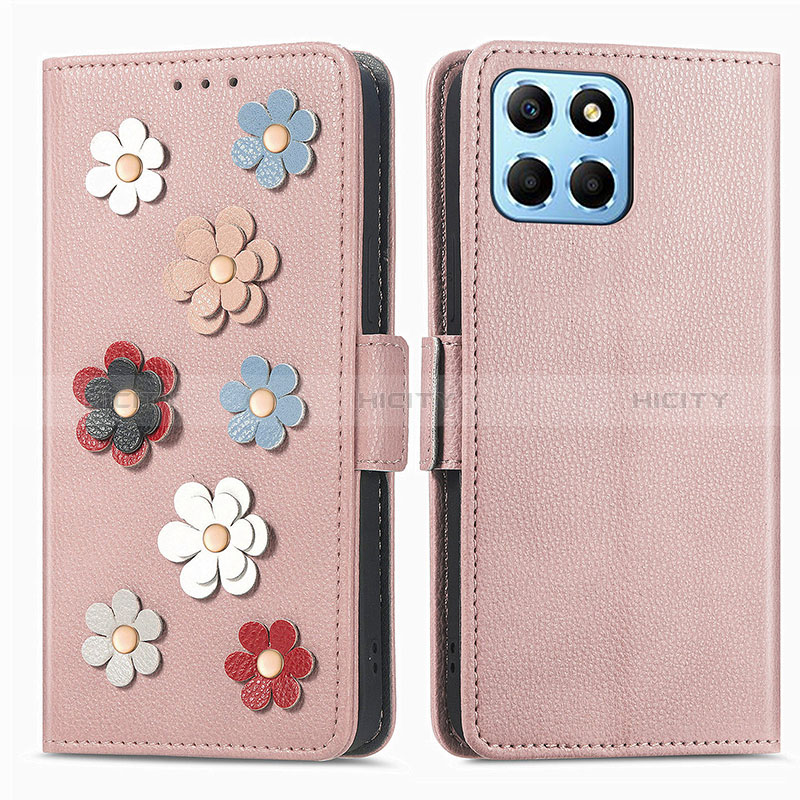 Funda de Cuero Cartera con Soporte Flores Carcasa S02D para Huawei Honor 70 Lite 5G Oro Rosa