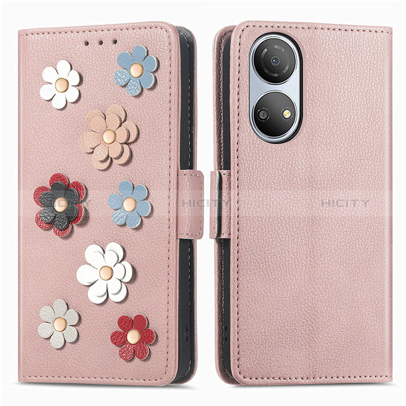 Funda de Cuero Cartera con Soporte Flores Carcasa S02D para Huawei Honor X7 Oro Rosa