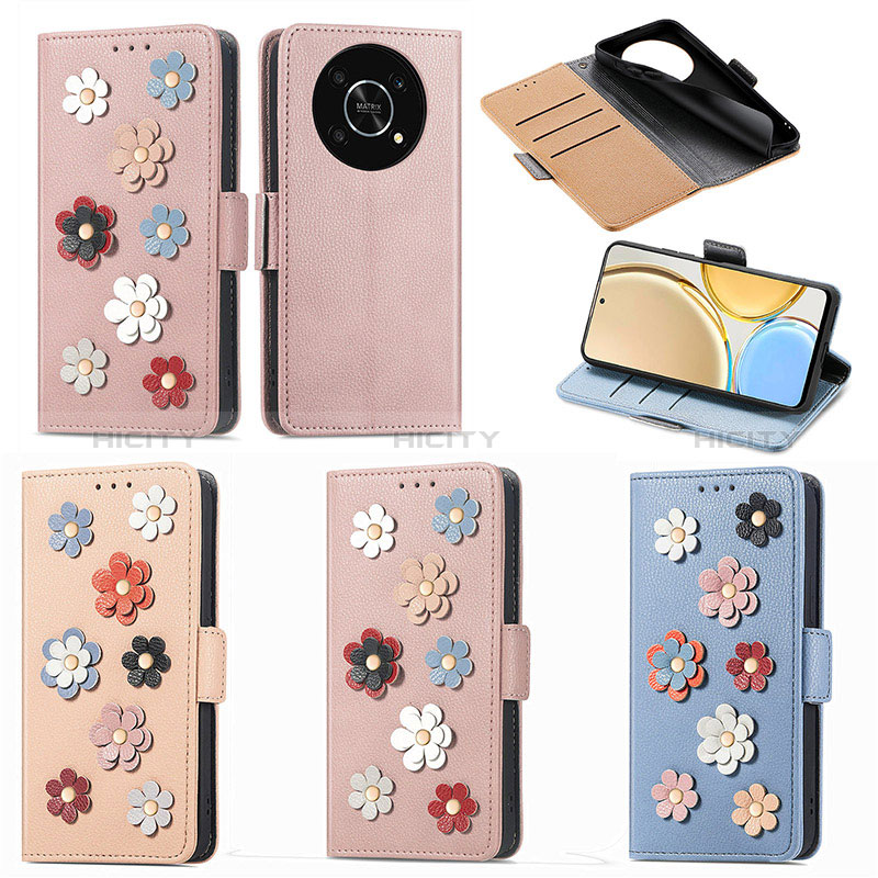 Funda de Cuero Cartera con Soporte Flores Carcasa S02D para Huawei Honor X9 5G