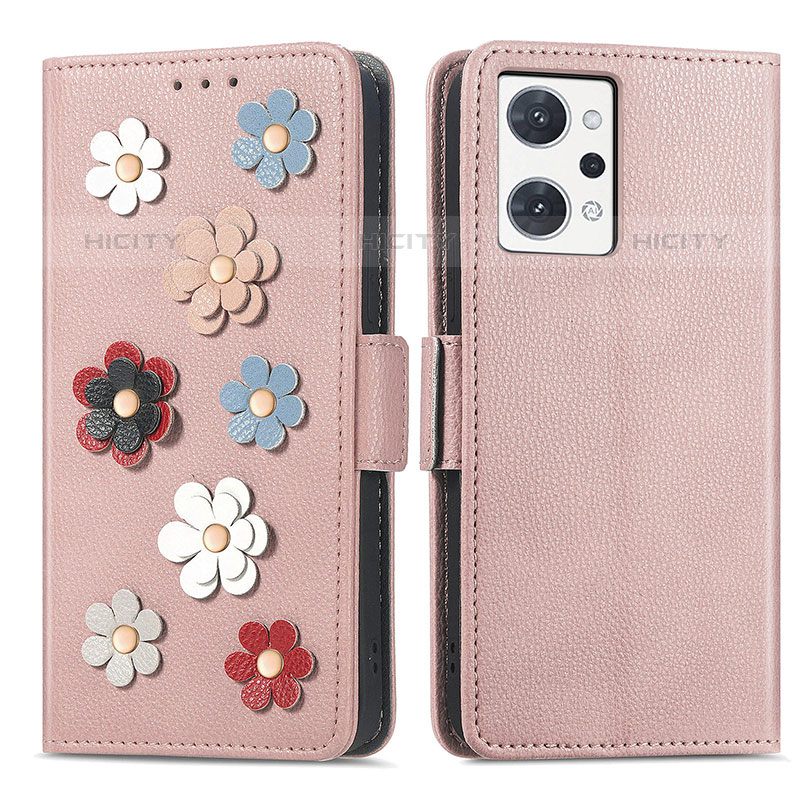 Funda de Cuero Cartera con Soporte Flores Carcasa S02D para Oppo Reno7 A Oro Rosa