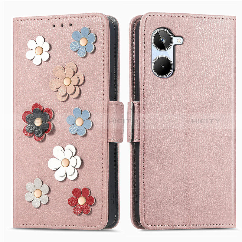 Funda de Cuero Cartera con Soporte Flores Carcasa S02D para Realme 10 4G Oro Rosa