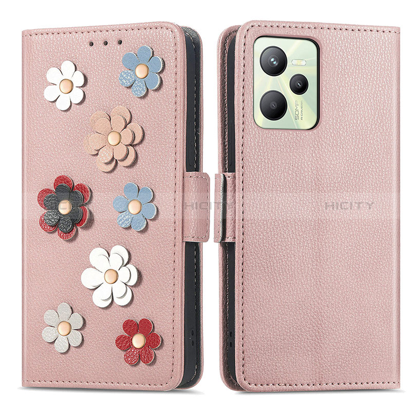 Funda de Cuero Cartera con Soporte Flores Carcasa S02D para Realme C35 Oro Rosa