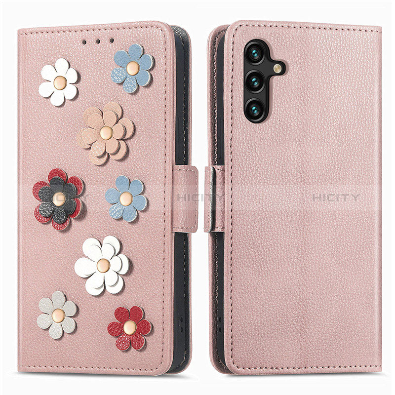 Funda de Cuero Cartera con Soporte Flores Carcasa S02D para Samsung Galaxy A04s Oro Rosa