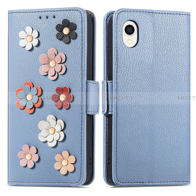 Funda de Cuero Cartera con Soporte Flores Carcasa S02D para Samsung Galaxy A22 5G SC-56B Azul