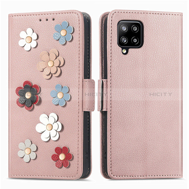 Funda de Cuero Cartera con Soporte Flores Carcasa S02D para Samsung Galaxy A42 5G Oro Rosa