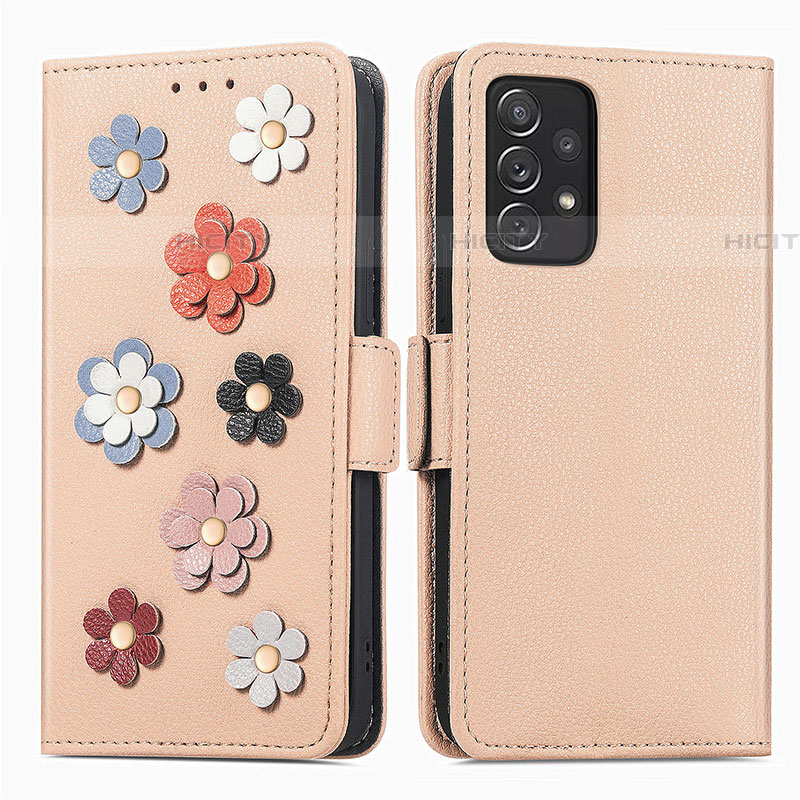 Funda de Cuero Cartera con Soporte Flores Carcasa S02D para Samsung Galaxy A72 5G Caqui