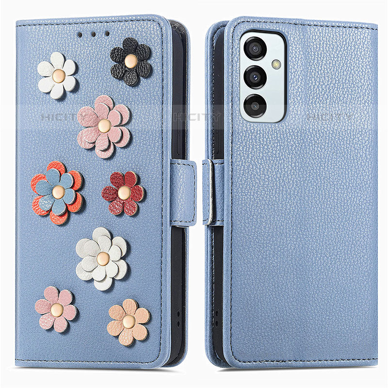 Funda de Cuero Cartera con Soporte Flores Carcasa S02D para Samsung Galaxy M23 5G Azul