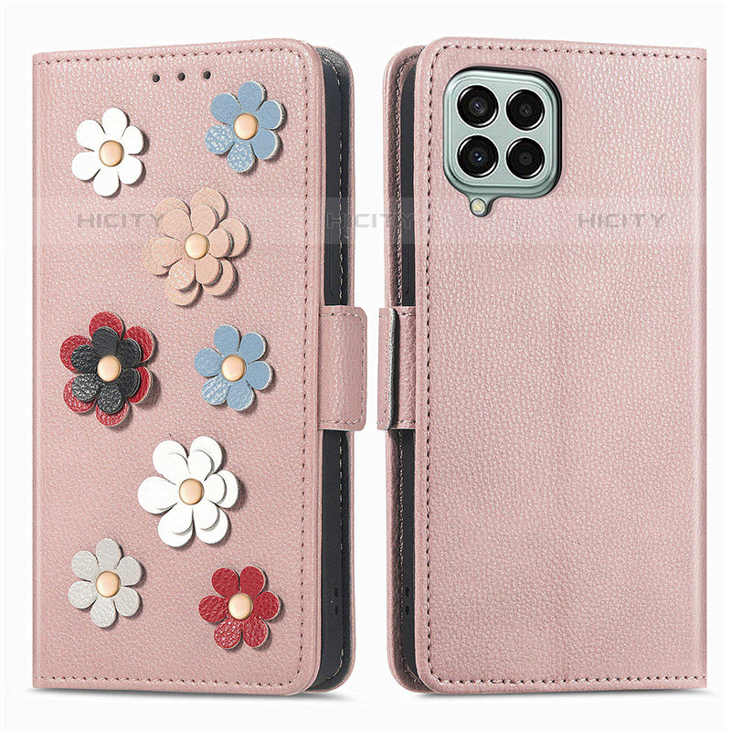 Funda de Cuero Cartera con Soporte Flores Carcasa S02D para Samsung Galaxy M33 5G Oro Rosa