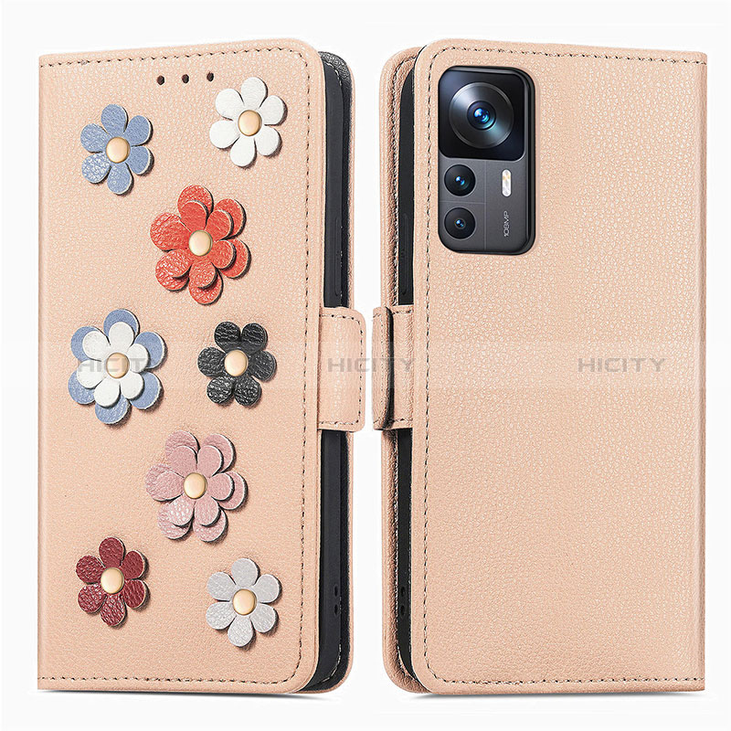 Funda de Cuero Cartera con Soporte Flores Carcasa S02D para Xiaomi Mi 12T 5G Caqui