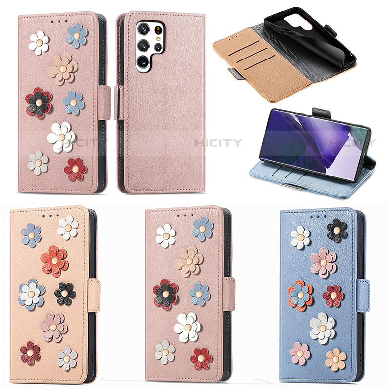 Funda de Cuero Cartera con Soporte Flores Carcasa S04D para Samsung Galaxy S22 Ultra 5G