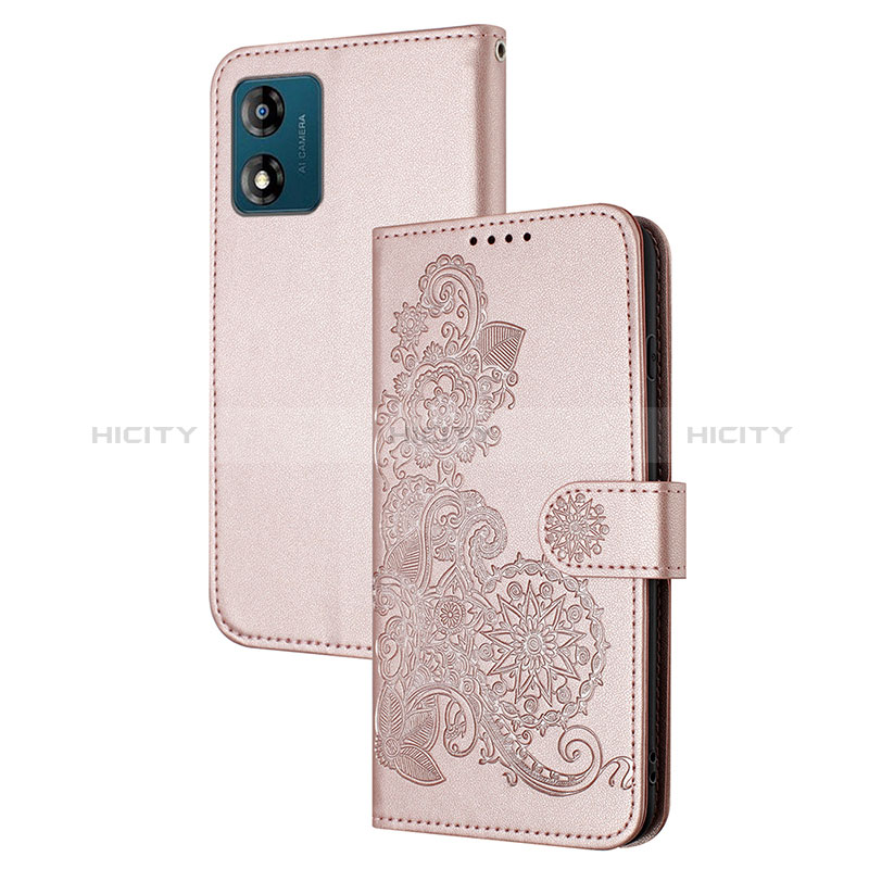 Funda de Cuero Cartera con Soporte Flores Carcasa Y01X para Motorola Moto E13 Oro Rosa