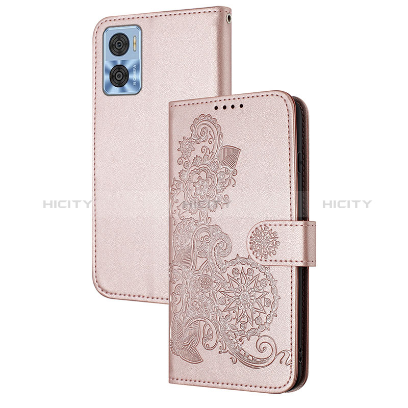 Funda de Cuero Cartera con Soporte Flores Carcasa Y01X para Motorola Moto E22i Oro Rosa