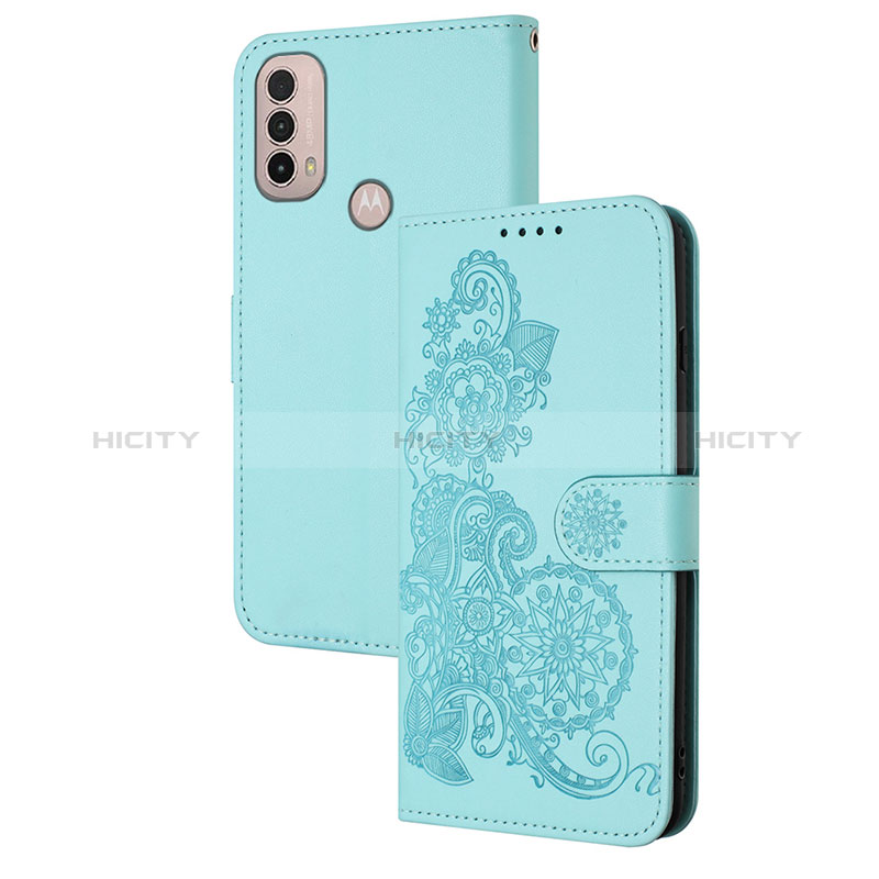 Funda de Cuero Cartera con Soporte Flores Carcasa Y01X para Motorola Moto E40 Azul Claro