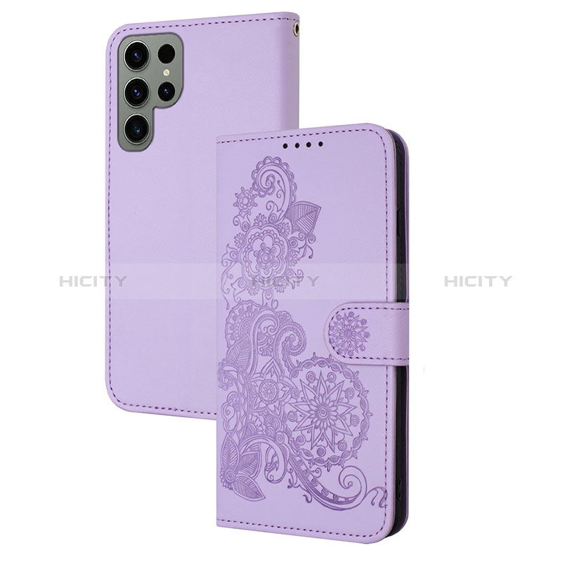 Funda de Cuero Cartera con Soporte Flores Carcasa Y01X para Samsung Galaxy S24 Ultra 5G Morado