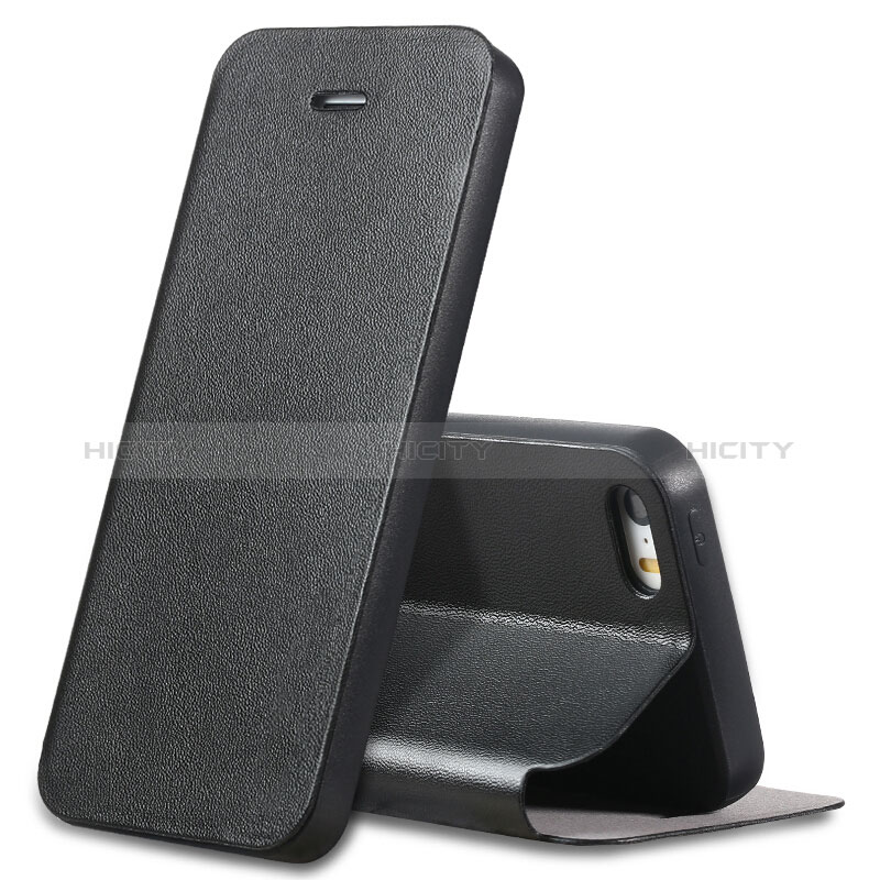 Funda de Cuero Cartera con Soporte L01 para Apple iPhone 5 Negro