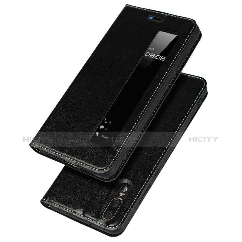 Funda de Cuero Cartera con Soporte L02 para Huawei P20 Negro