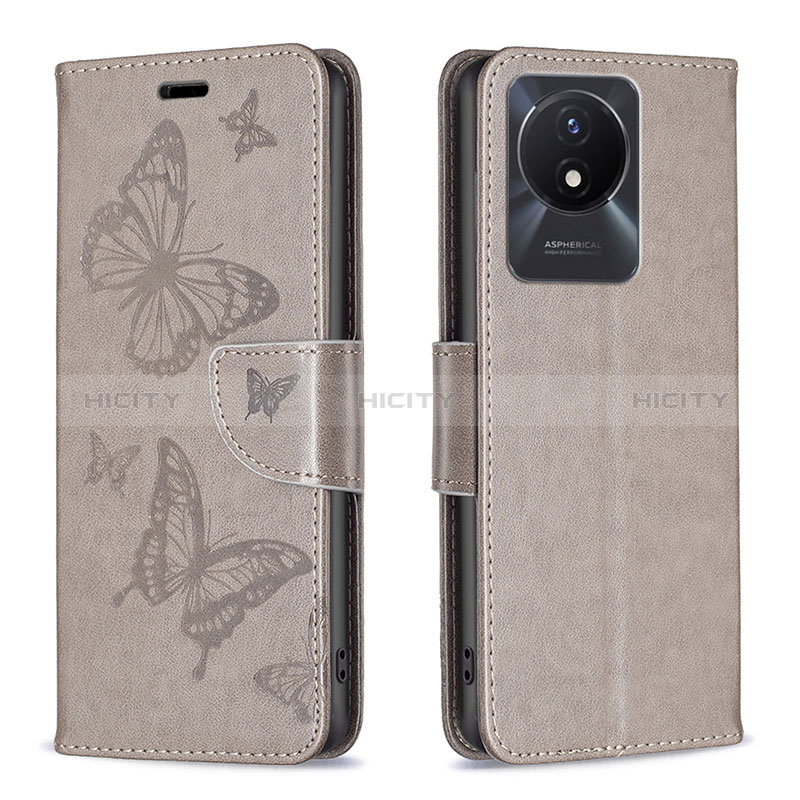 Funda de Cuero Cartera con Soporte Mariposa Carcasa B01F para Vivo Y02 Gris