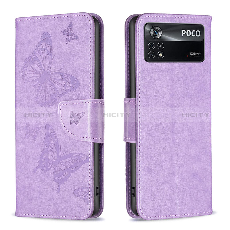 Funda de Cuero Cartera con Soporte Mariposa Carcasa B01F para Xiaomi Poco X4 Pro 5G Purpura Claro