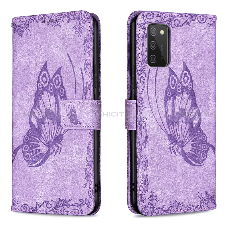 Funda de Cuero Cartera con Soporte Mariposa Carcasa B02F para Samsung Galaxy A02s Purpura Claro