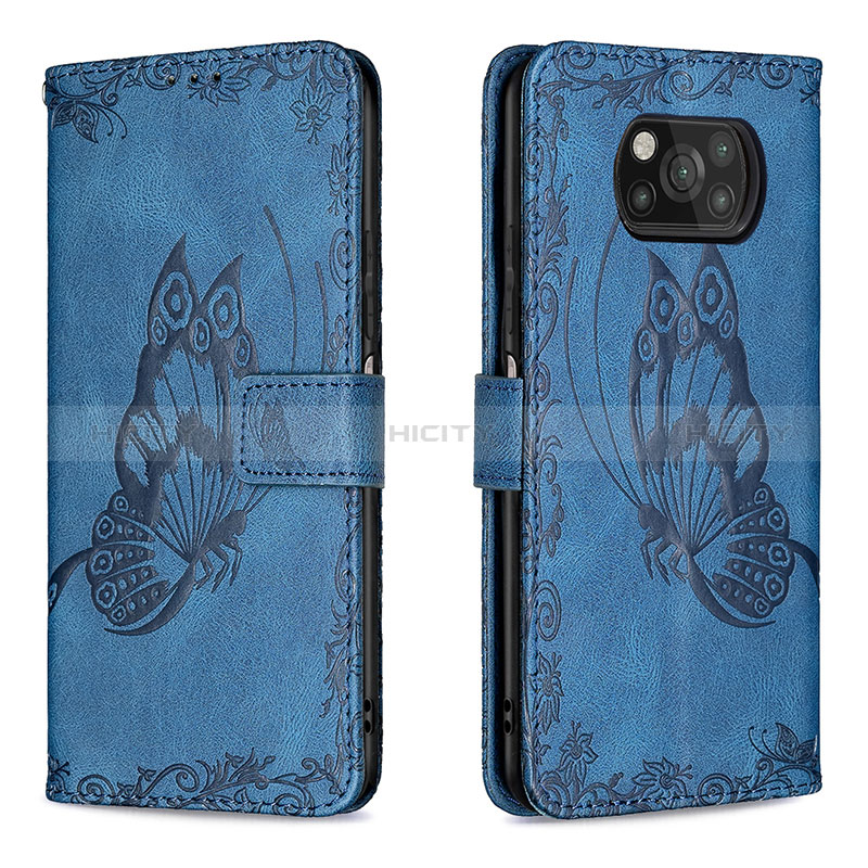 Funda de Cuero Cartera con Soporte Mariposa Carcasa B02F para Xiaomi Poco X3 NFC Azul