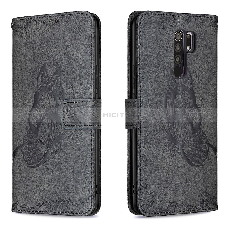 Funda de Cuero Cartera con Soporte Mariposa Carcasa B02F para Xiaomi Redmi 9 Prime India Negro