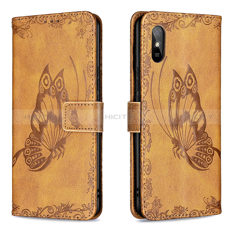 Funda de Cuero Cartera con Soporte Mariposa Carcasa B02F para Xiaomi Redmi 9i Marron