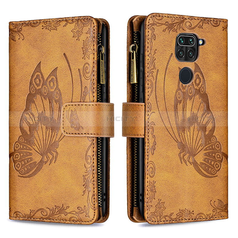 Funda de Cuero Cartera con Soporte Mariposa Carcasa B03F para Xiaomi Redmi Note 9 Marron