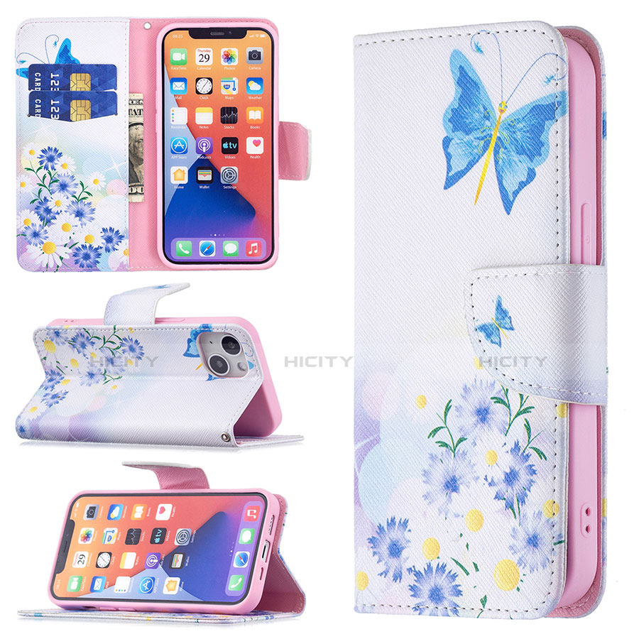 Funda de Cuero Cartera con Soporte Mariposa Carcasa L01 para Apple iPhone 13 Mini Azul