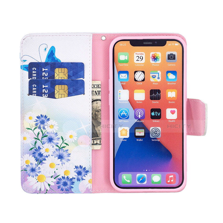 Funda de Cuero Cartera con Soporte Mariposa Carcasa L01 para Apple iPhone 13 Mini Azul