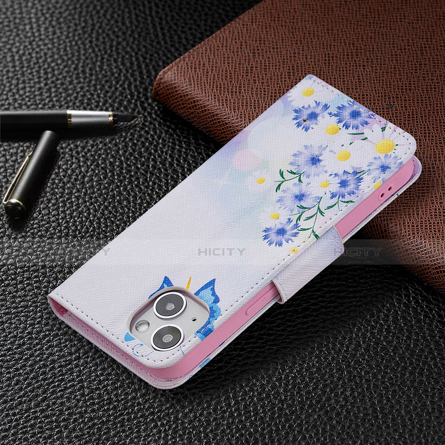 Funda de Cuero Cartera con Soporte Mariposa Carcasa L01 para Apple iPhone 14 Azul