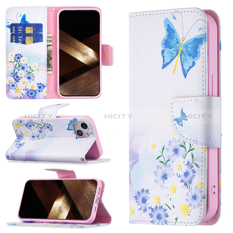 Funda de Cuero Cartera con Soporte Mariposa Carcasa L01 para Apple iPhone 15 Plus Azul