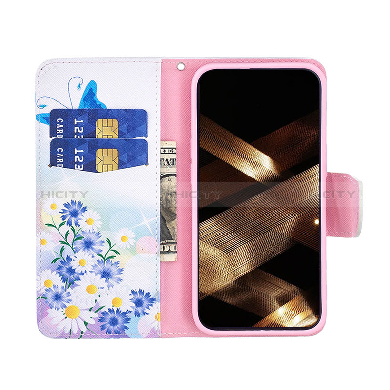 Funda de Cuero Cartera con Soporte Mariposa Carcasa L01 para Apple iPhone 15 Plus Azul