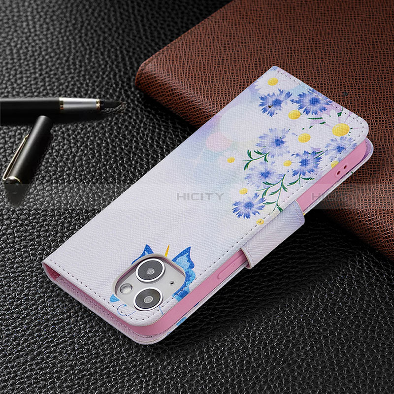 Funda de Cuero Cartera con Soporte Mariposa Carcasa L01 para Apple iPhone 15 Plus Azul