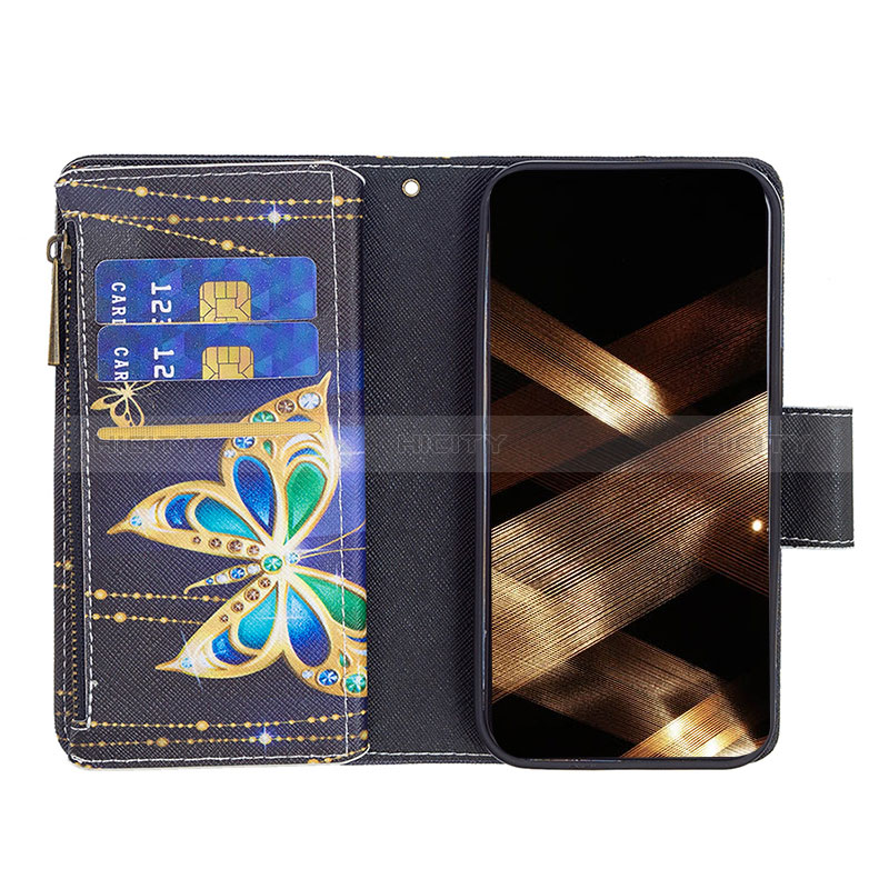 Funda de Cuero Cartera con Soporte Mariposa Carcasa L01 para Apple iPhone 15 Plus Negro