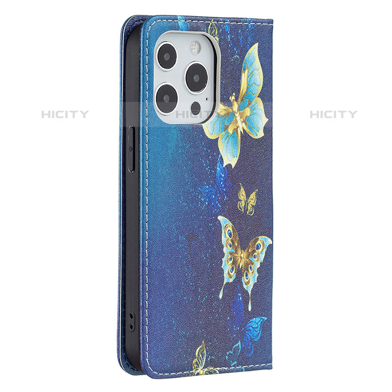 Funda de Cuero Cartera con Soporte Mariposa Carcasa L01 para Apple iPhone 15 Pro Azul