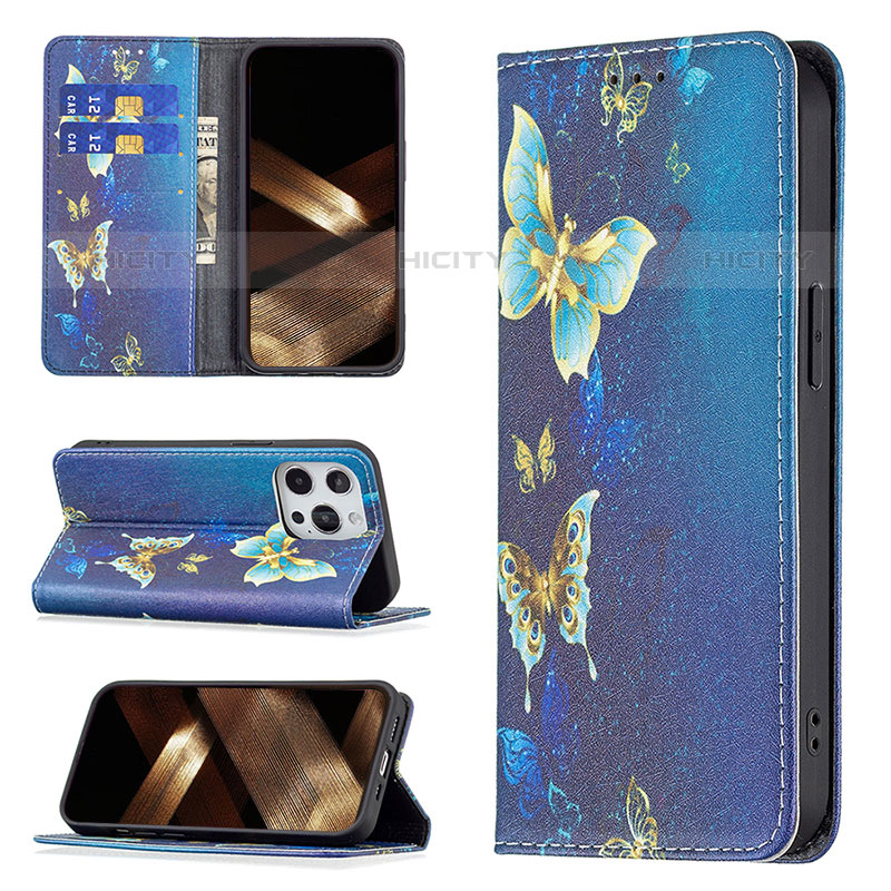 Funda de Cuero Cartera con Soporte Mariposa Carcasa L01 para Apple iPhone 15 Pro Azul