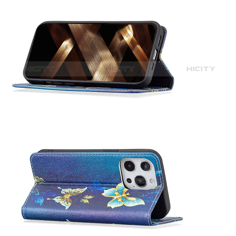 Funda de Cuero Cartera con Soporte Mariposa Carcasa L01 para Apple iPhone 15 Pro Azul