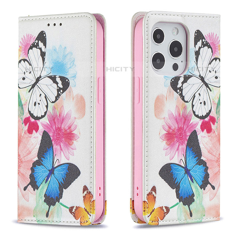 Funda de Cuero Cartera con Soporte Mariposa Carcasa L01 para Apple iPhone 15 Pro Rosa