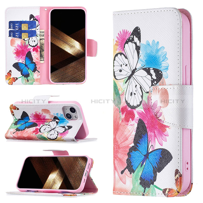 Funda de Cuero Cartera con Soporte Mariposa Carcasa L01 para Apple iPhone 15 Rosa