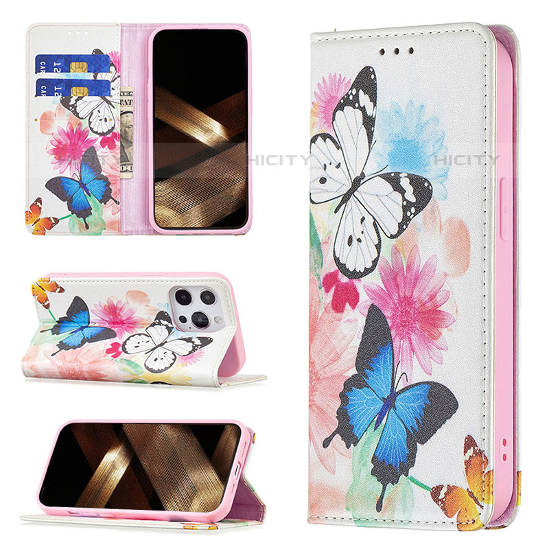 Funda de Cuero Cartera con Soporte Mariposa Carcasa L01 para Apple iPhone 16 Pro Max Rosa