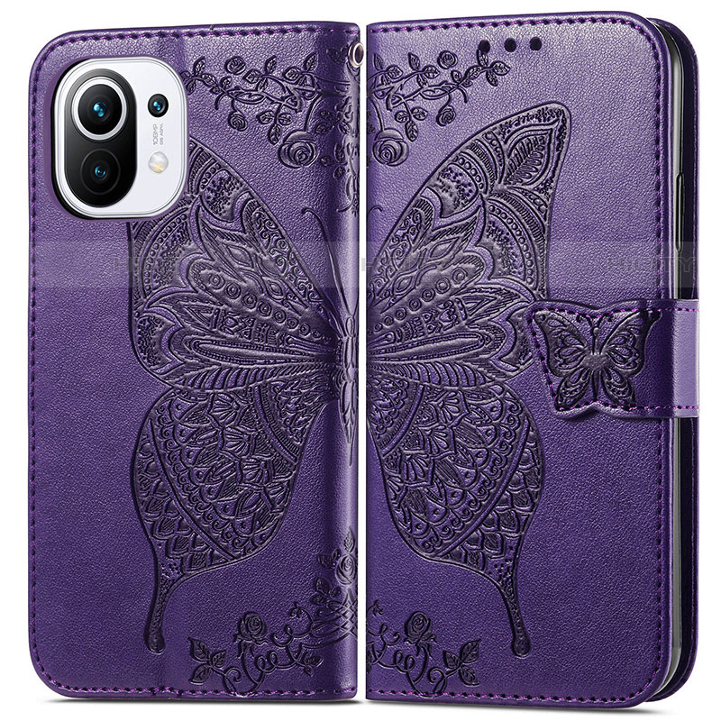 Funda de Cuero Cartera con Soporte Mariposa Carcasa L02 para Xiaomi Mi 11 Lite 4G Morado