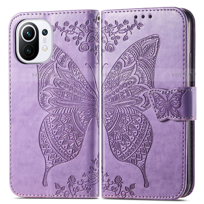 Funda de Cuero Cartera con Soporte Mariposa Carcasa L02 para Xiaomi Mi 11 Lite 5G Purpura Claro