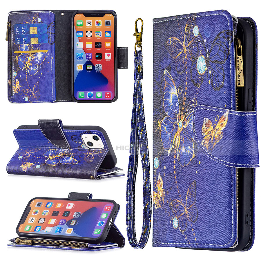 Funda de Cuero Cartera con Soporte Mariposa Carcasa L03 para Apple iPhone 14 Azul