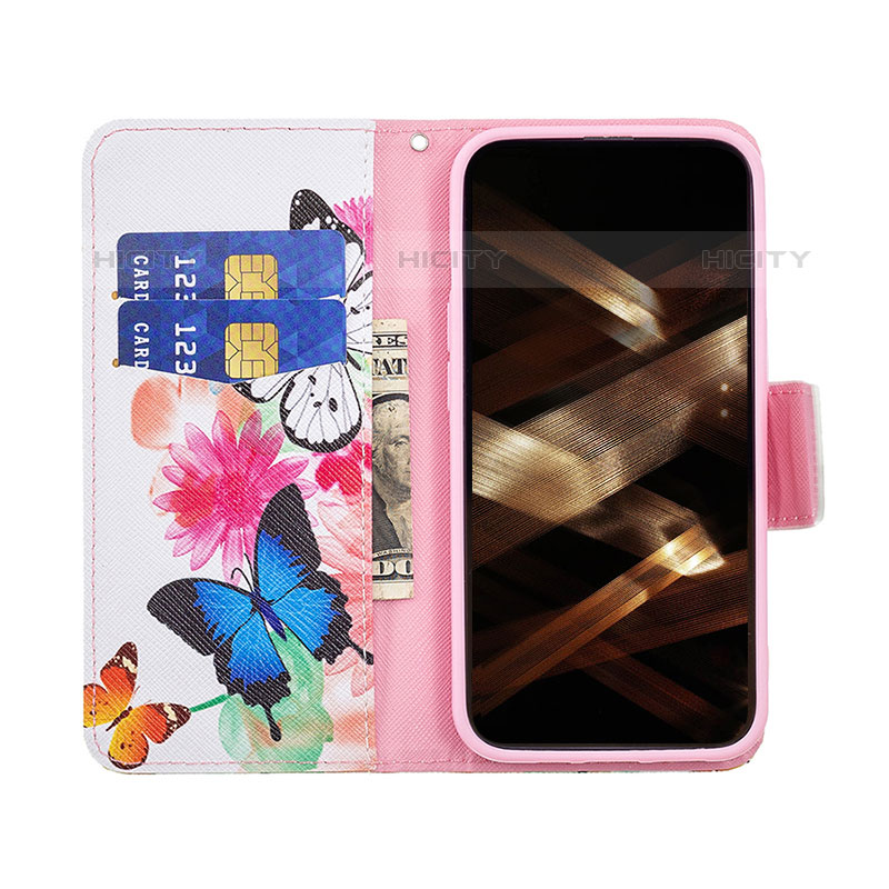 Funda de Cuero Cartera con Soporte Mariposa Carcasa L03 para Apple iPhone 15 Pro Rosa